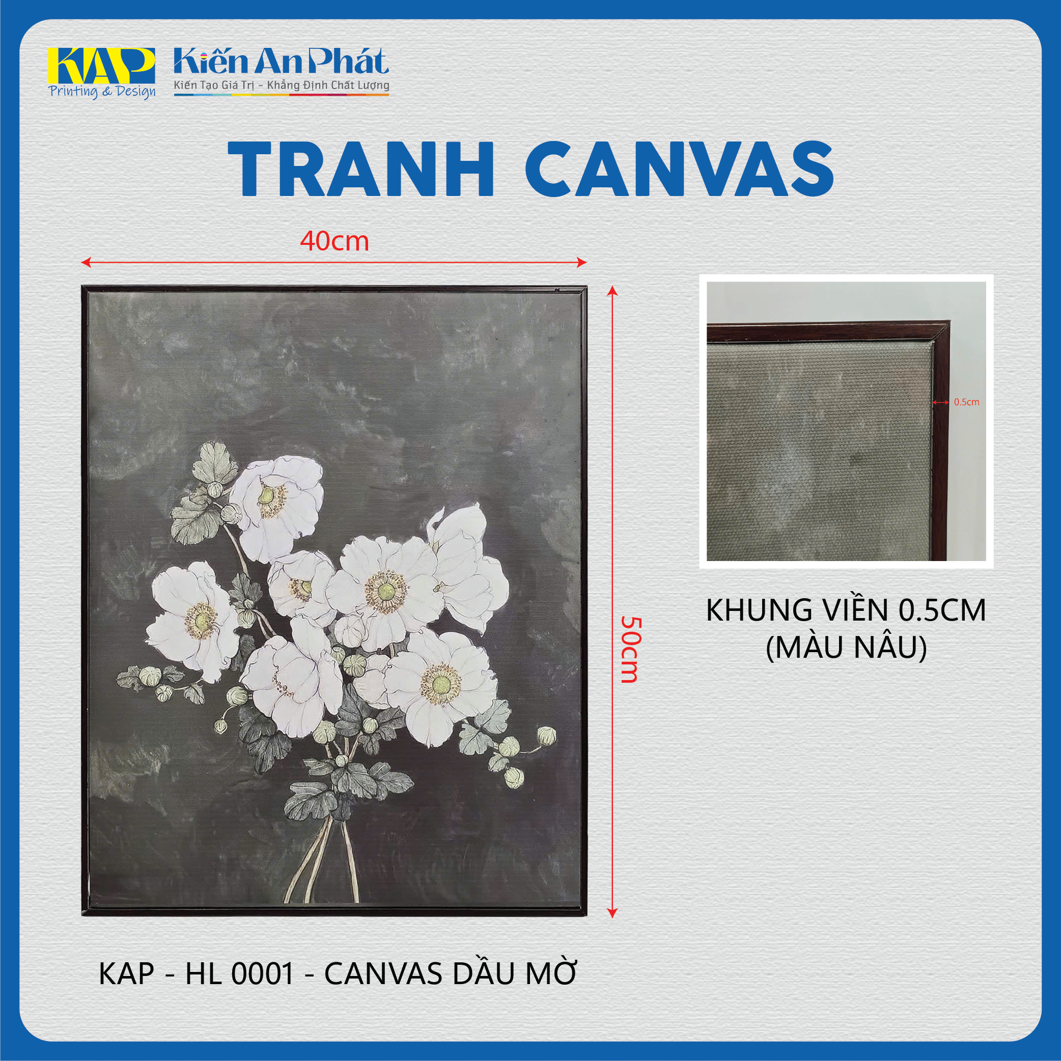 Kích thước tranh Canvas Hoa Anemone Trắng Nền Xanh Cổ Điển - KAP-HL0001