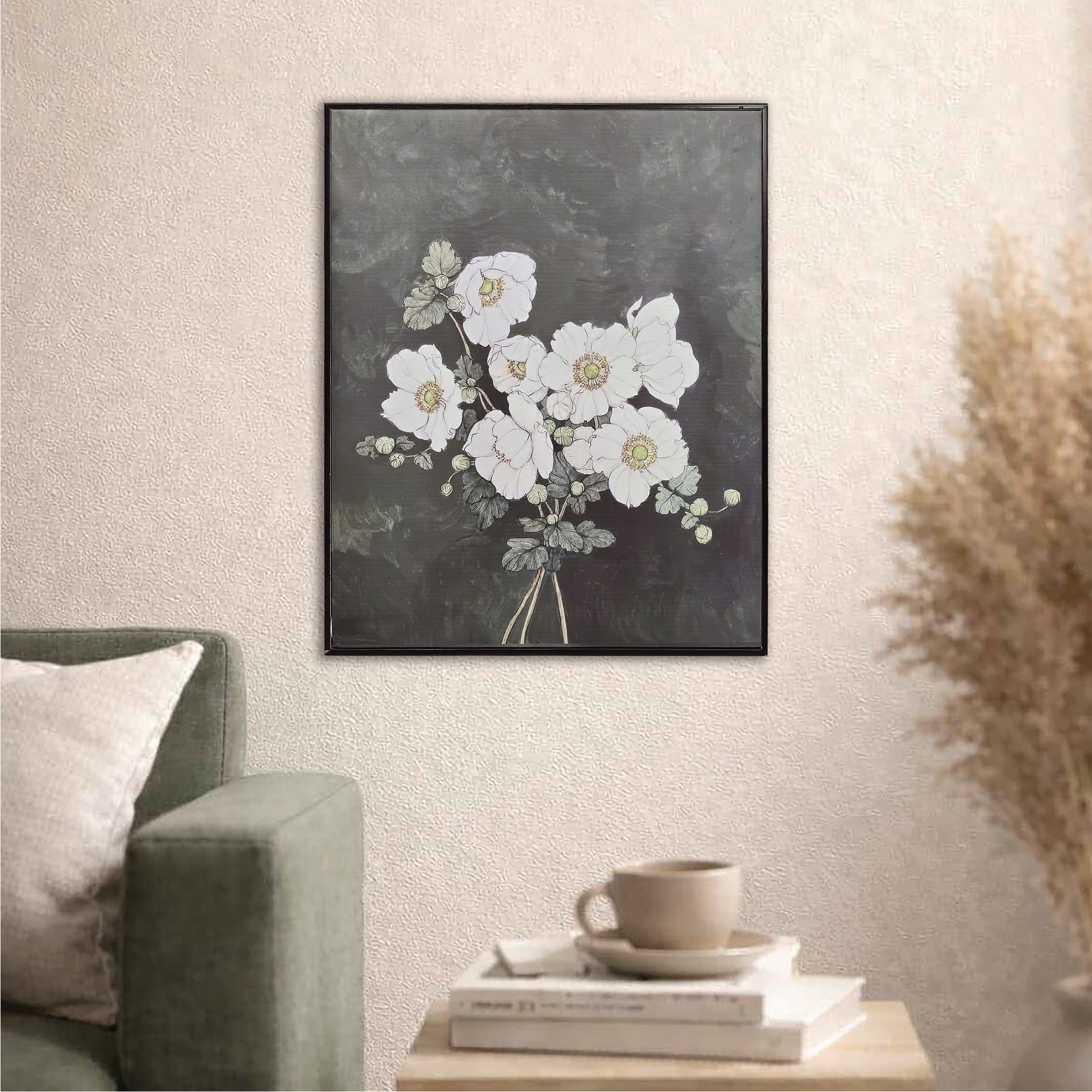 Tranh Canvas Hoa Anemone Trắng Nền Xanh Cổ Điển - KAP-HL0001