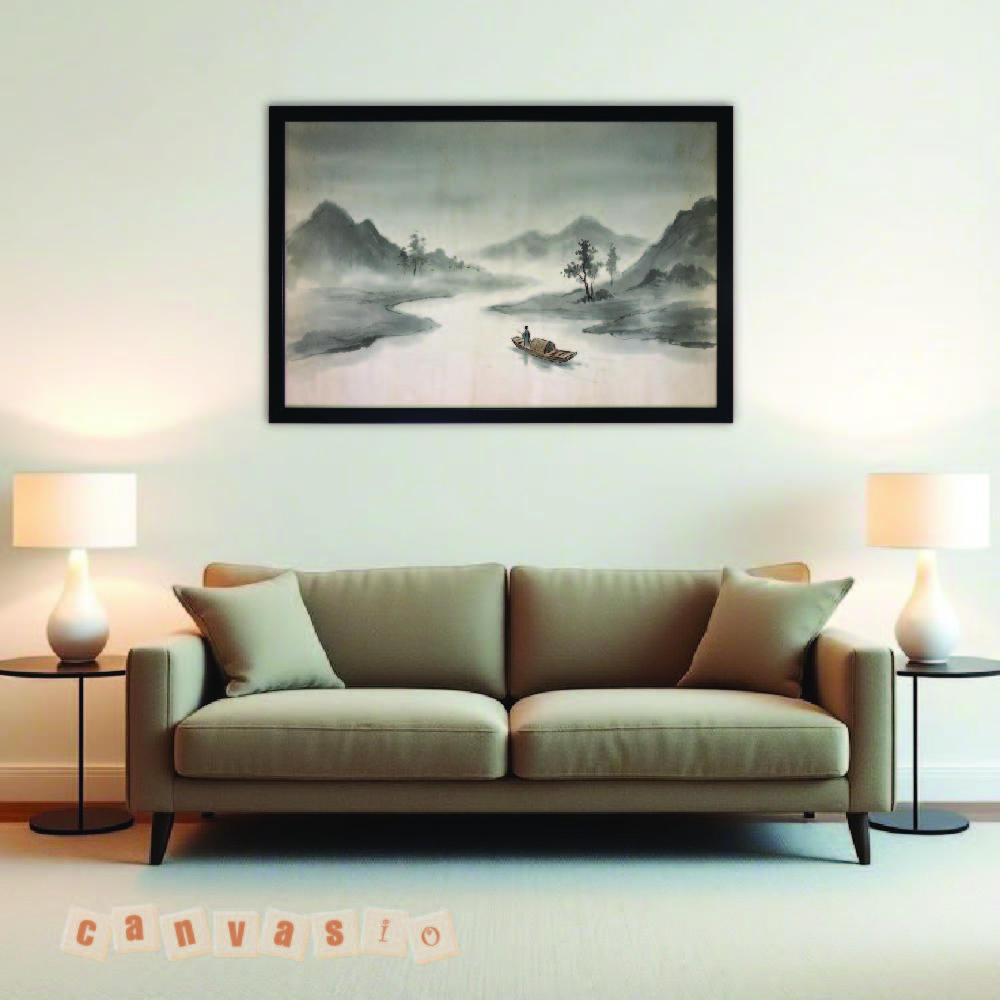 Tranh canvas thủy mặc phong cảnh sông núi bình yên | Mã số KAP-PC 0001 Tranh canvas thủy mặc phong cảnh sông núi bình yên | Mã số KAP-PC 0001