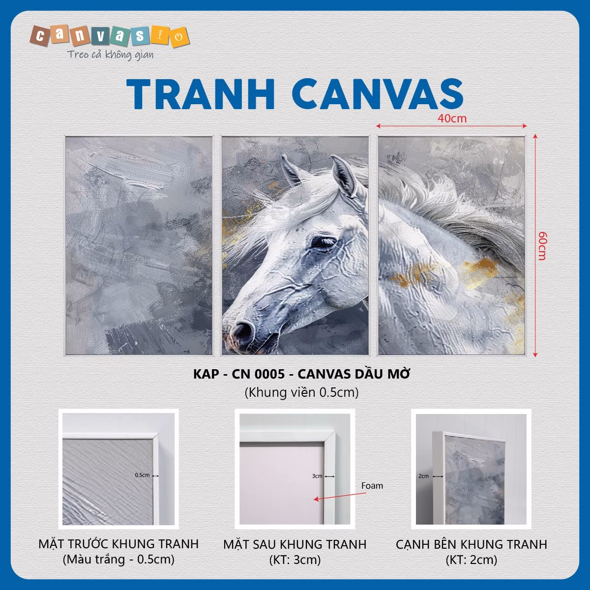 Tranh canvas bộ 3 bức phong thuỷ Bạch Mã | Mã KAP-CN 0005 Tranh canvas bộ 3 bức phong thuỷ Bạch Mã | Mã KAP-CN 0005